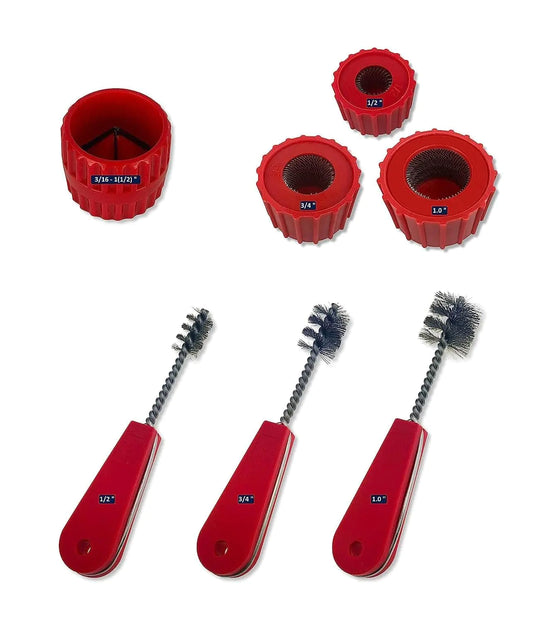 Copper Pipe Cleaner Set [7PC_3-Size] 3 Pipe Cleaning Brushes 3 Fitting Cleaners and 1 Reamer Clean 1/2 3/4 1.0-Inch Pipes & Fittings for Soldering